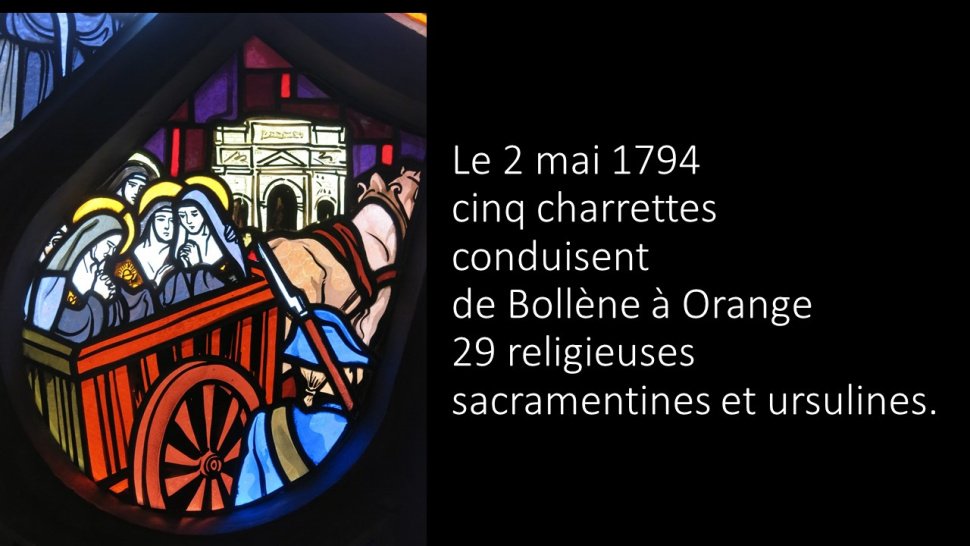 <p>le 2 mai 1794, Sœur Sainte Françoise est déjà en prison depuis plus d'un mois… avec trois autres ursulines !</p>
<p>quand cinq charrettes-conduisent de Bollène à Orange-29 religieuses sacramentines et ursulines arrêtées à Bollène.-On les voit passer devant l'arc de triomphe qui marque encore l'entrée nord de la ville d'Orange.-Elles sont mises sous écrou.</p>