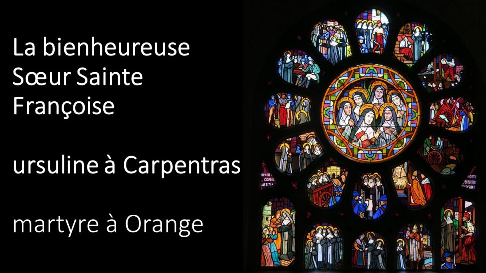 <p>Visible dans la chapelle de l'ancien grand séminaire de Valence, actuellement lycée Montplaisir, ce vitrail (datant des années 1930) évoque les portraits, la vie, l'arrestation, le jugement et la mort des 6 religieuses originaires de la Drôme, guillotinées à Orange en juillet 1794 et déclarées bienheureuses le 10 mai 1925.</p>