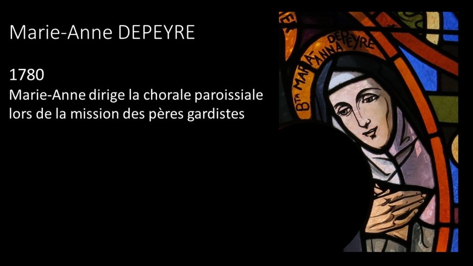 <p>En 1780, alors qu'elle a 24 ans, on la trouve – lors d'une mission des pères gardistes – qui dirige la chorale paroissiale des jeunes filles.-Elle le fait avec une amie très fidèle, Marie-Anne Boudon, dont nous allons reparler.<br class='autobr' />
Marie-Anne DEPEYRE donne donc l'exemple d'une vie fervente et toute donnée à ses engagements comme jeune fille laïque.</p>