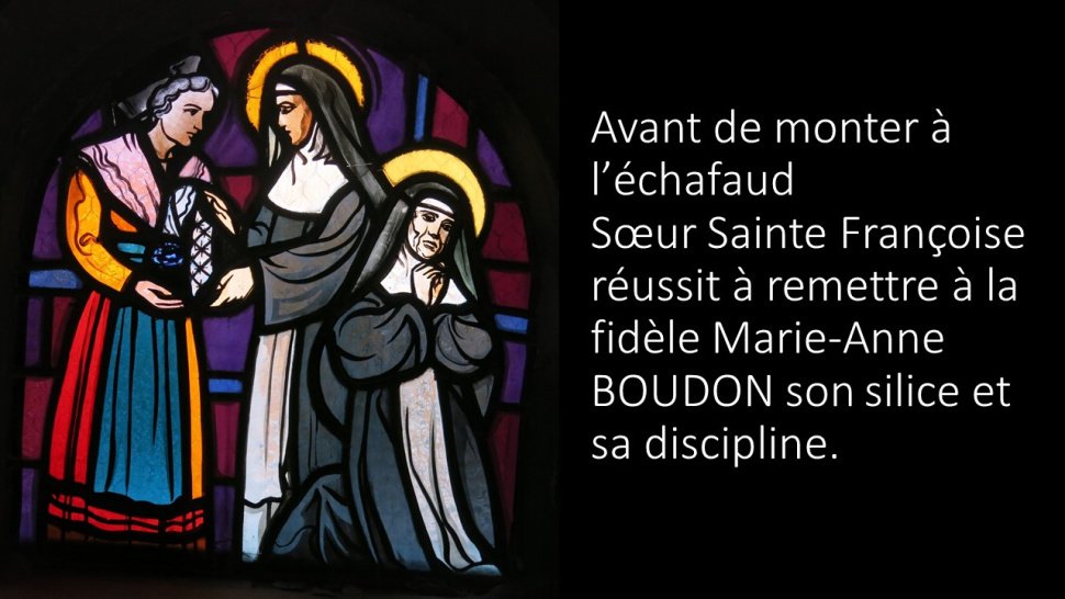 <p>Avant d'être conduite à l'échafaud et avant que le bourreau ait eu le temps d'user de son droit de dépouille sur les effets personnels des condamnés, Sœur Sainte Françoise réussit à remettre à la fidèle Marie-Anne BOUDON son silice et sa discipline. La sœur voyait dans ces objets qu'elle utilisait pour faire des actes de pénitence en réparation des offenses faites à Dieu, la sœur voyait dans ses objets ses plus beaux joyaux. Ils sont encore conservées dans l'église de Tulette.</p>